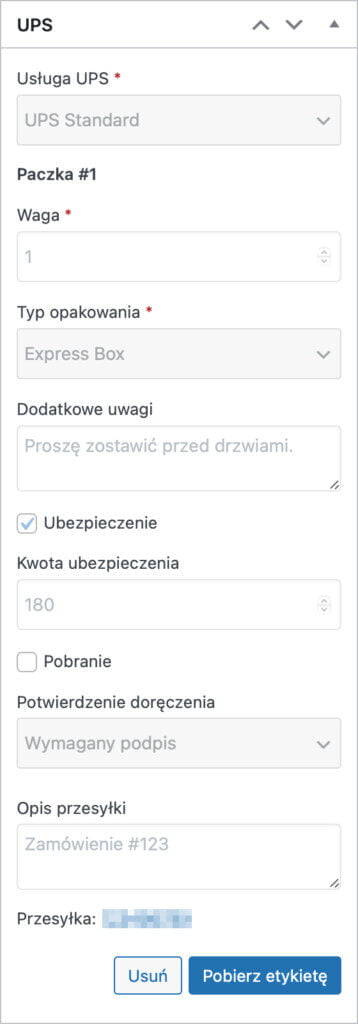 Utworzona przesyłka UPS