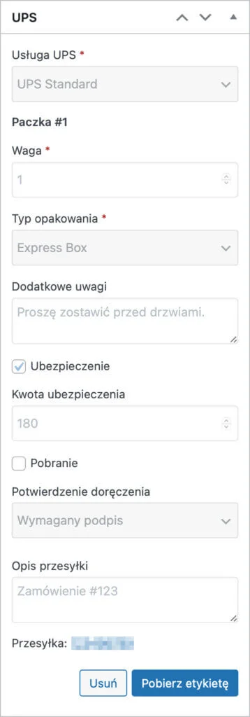 Utworzona przesyłka UPS