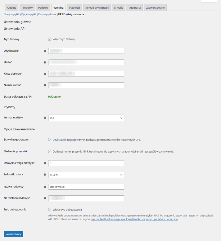 UPS WooCommerce - Etykiety nadawcze - Ustawienia główne