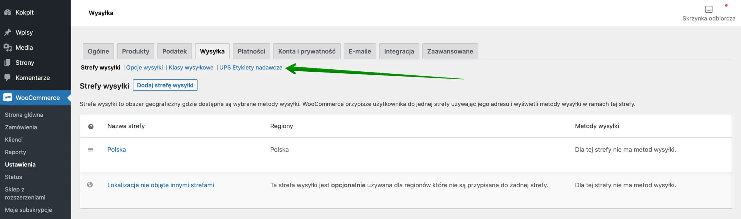 UPS Etykiety nadawcze w ustawieniach wysyłki WooCommerce