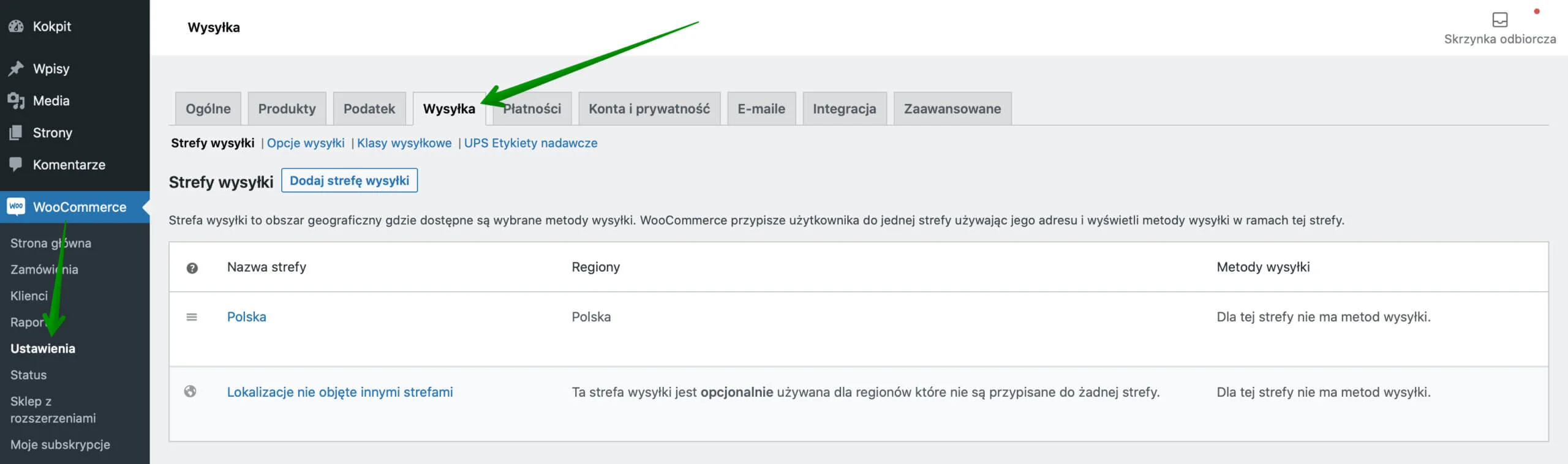 WooCommerce - Ustawienia - Wysyłka