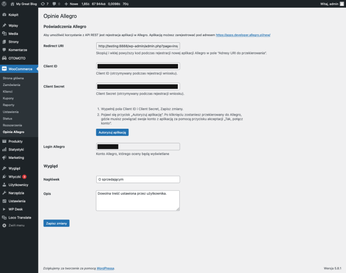 Opinie Allegro WooCommerce - ustawienia główne
