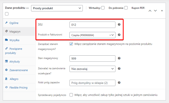 WooCommerce Fakturownia - brak synchronizacji magazynowej - brak numeru SKU