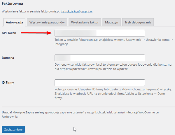 Autoryzacja API token - Fakturownia WooCommerce - komunikat 422