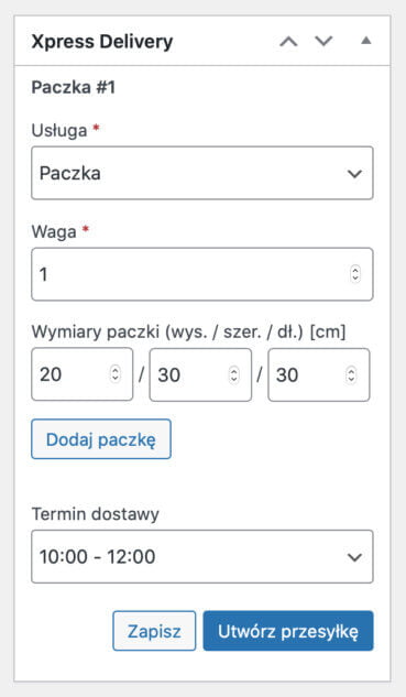 Metabox Xpress Delivery - Ustawienia przesyłki