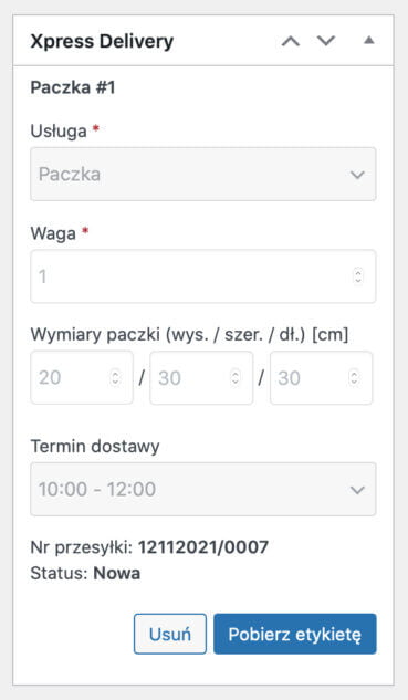 Utworzona przesyłka Xpress Delivery WooCommerce