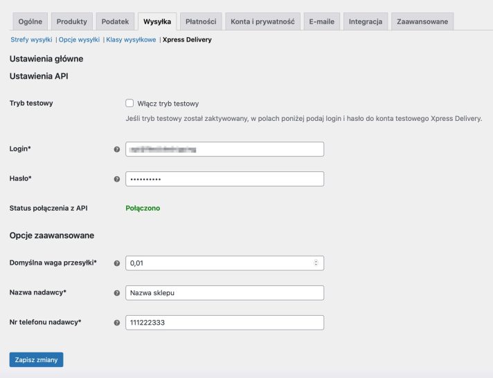 Xpress Delivery WooCommerce - Ustawienia główne