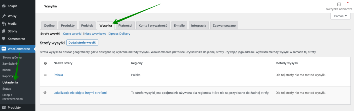 WooCommerce - Ustawienia - Wysyłka