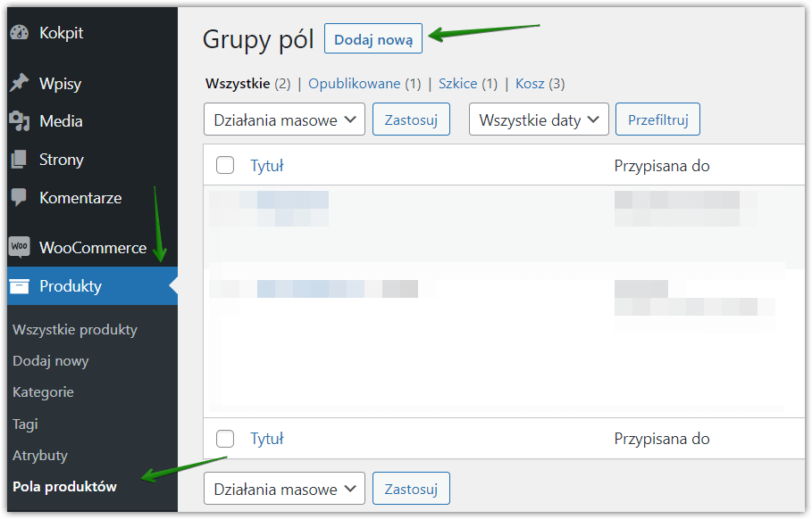 Edycja grup pola wtyczka Flexible Product Fields