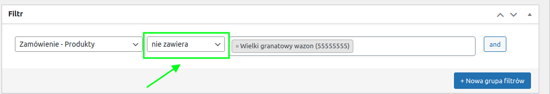 filtr produktu z wykluczeniem