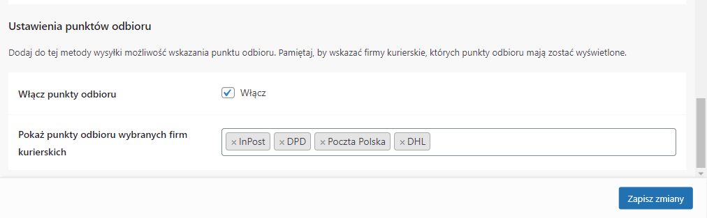 Metoda wysyłki - Ustawienia punktów odbioru