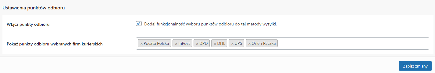 Metoda wysyłki - Ustawienia punktów odbioru