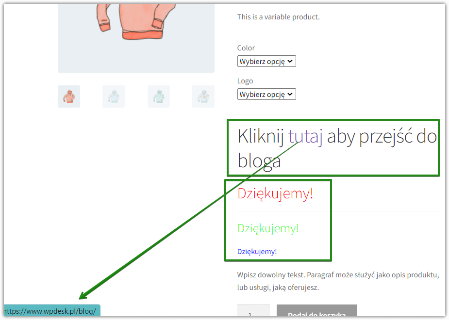 Przykład zastosowania pola HTML - strona produktowa WooCommerce