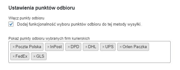 Metoda wysyłki - Ustawienia punktów odbioru