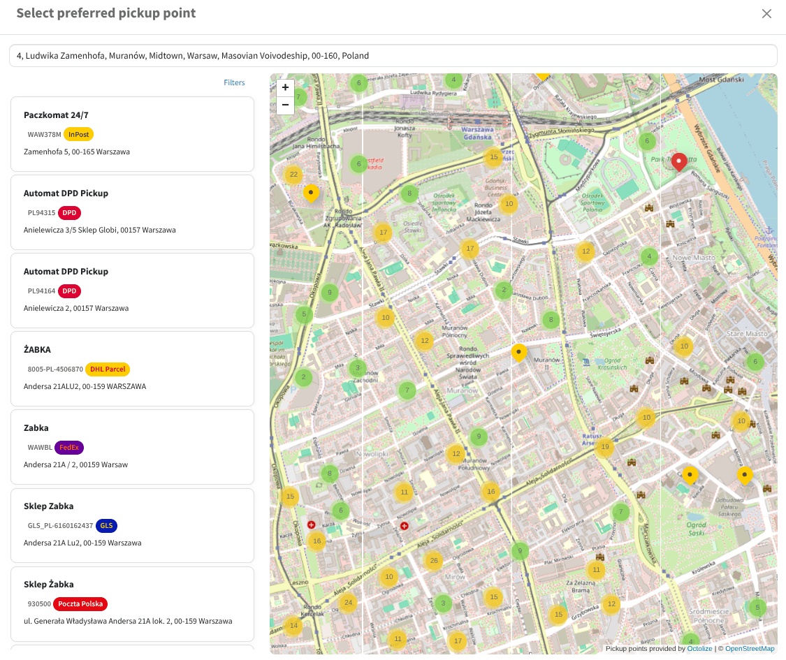 Punkty Odbioru WooCommerce - widok mapy