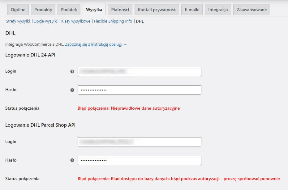 Komunikaty z API DHL