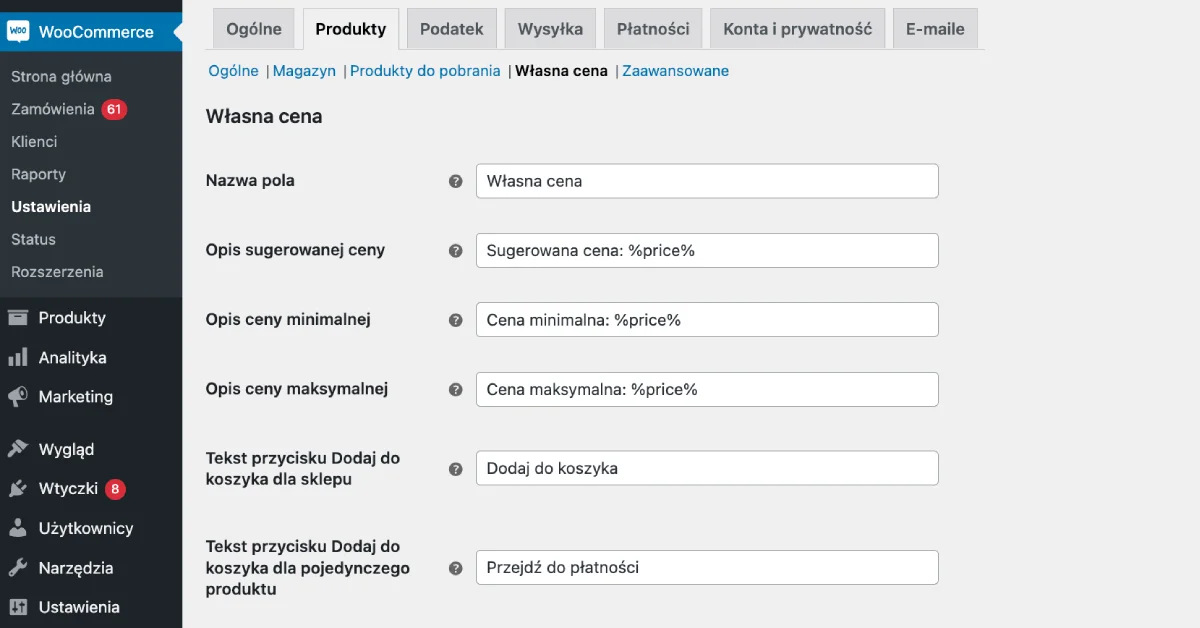 Własna cena produktu - ustawienia główne