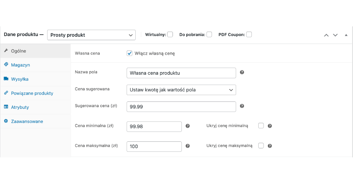 Własna Cena Produktu WooCommerce - ustawienia produktu