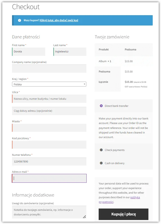 checkout WooCommerce - strona domyślna