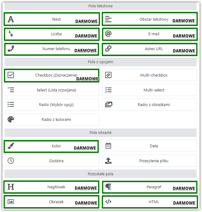 Pola dostępne we wtyczce Flexible Checkout Fields