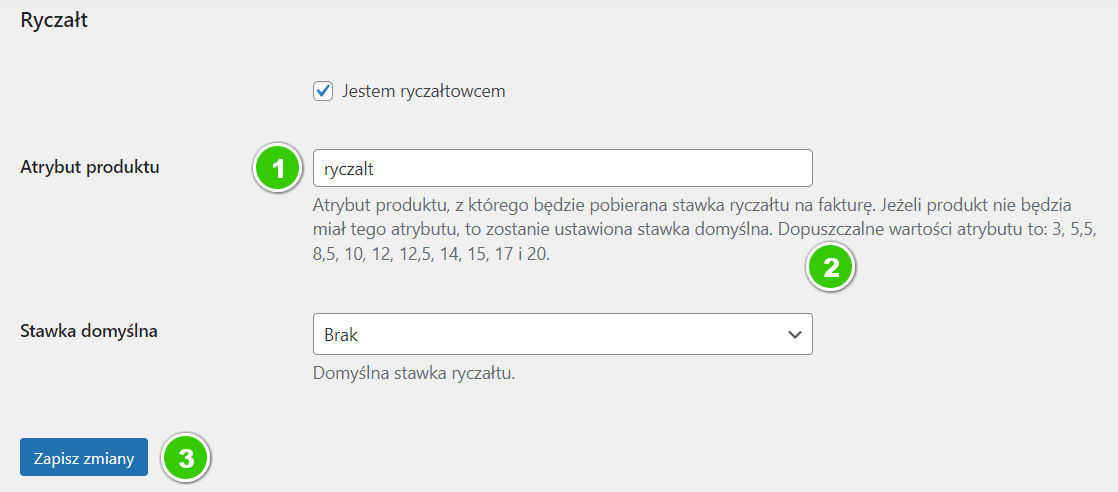 Atrybut dla stawki ryczałtu w inFakt WooCommerce