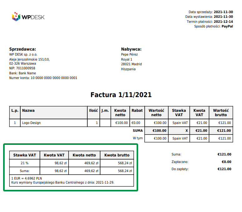 Faktury WooCommerce - tabela przewalutowania na fakturze