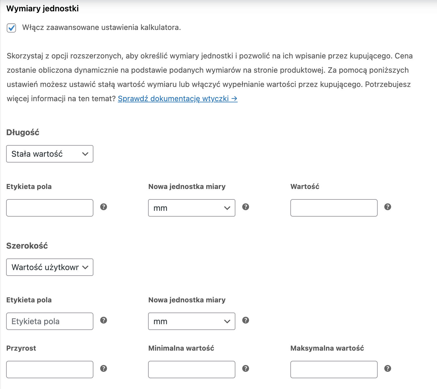 Ustawienia dla jednostek powierzchni we wtyczce Kalkulator Jednostek dla WooCommerce