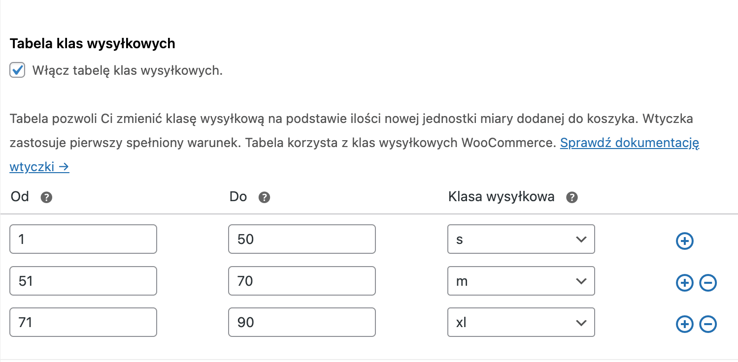 Kalkulator Jednostek dla WooCommerce - ustawienie tabeli klas wysyłkowych