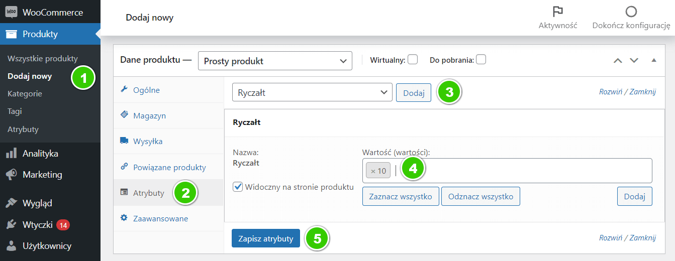 Ustawienie atrybutu dla ryczałtu w edycji produktu WooCommerce