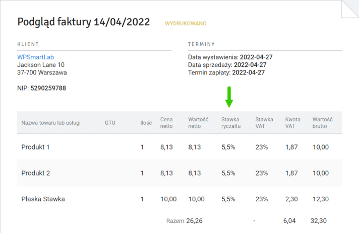 Widok stawki ryczałtu na fakturze inFakt
