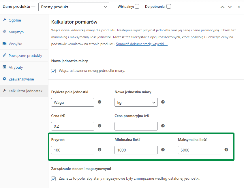 Kalkulator Jednostek - przyrost, minimalna i maksymalna ilość jednostki miary produktu