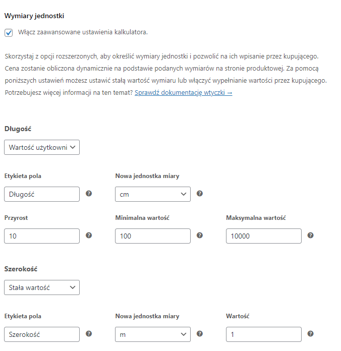 Stała wartość - szerokość dla powierzchni produktu WooCommerce