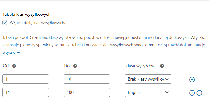 Kalkulator Jednostek - tabela klas wysyłkowych - dynamiczne ceny wysyłki według ilości