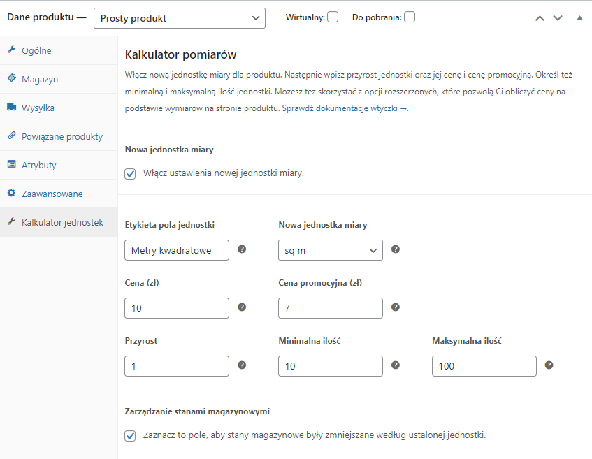 Kalkulator Jednostek - włącz nową jednostkę miary dla produktu WooCommerce