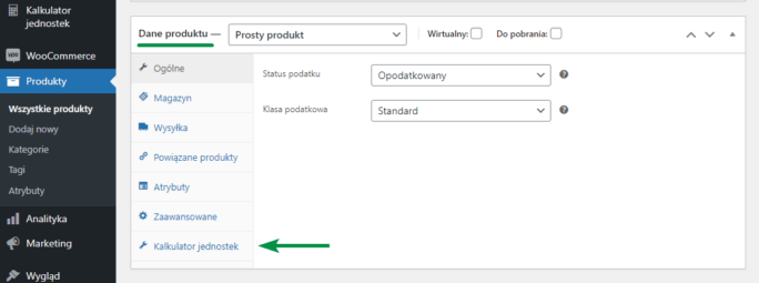 Kalkulator Jednotek - ustawienia kalkulatora i nowej jednostki miary dla produktu WooCommerce