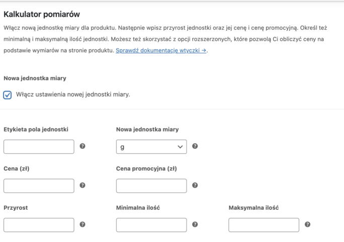 kalkulator miar WooCommerce - ustawienia główne kalkulatora