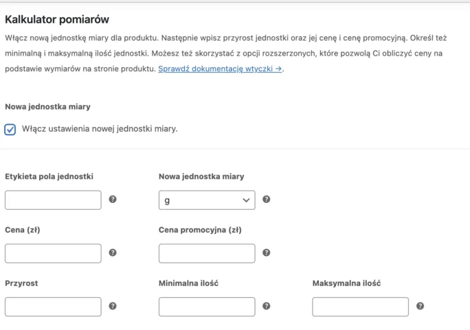 kalkulator miar WooCommerce - ustawienia główne kalkulatora