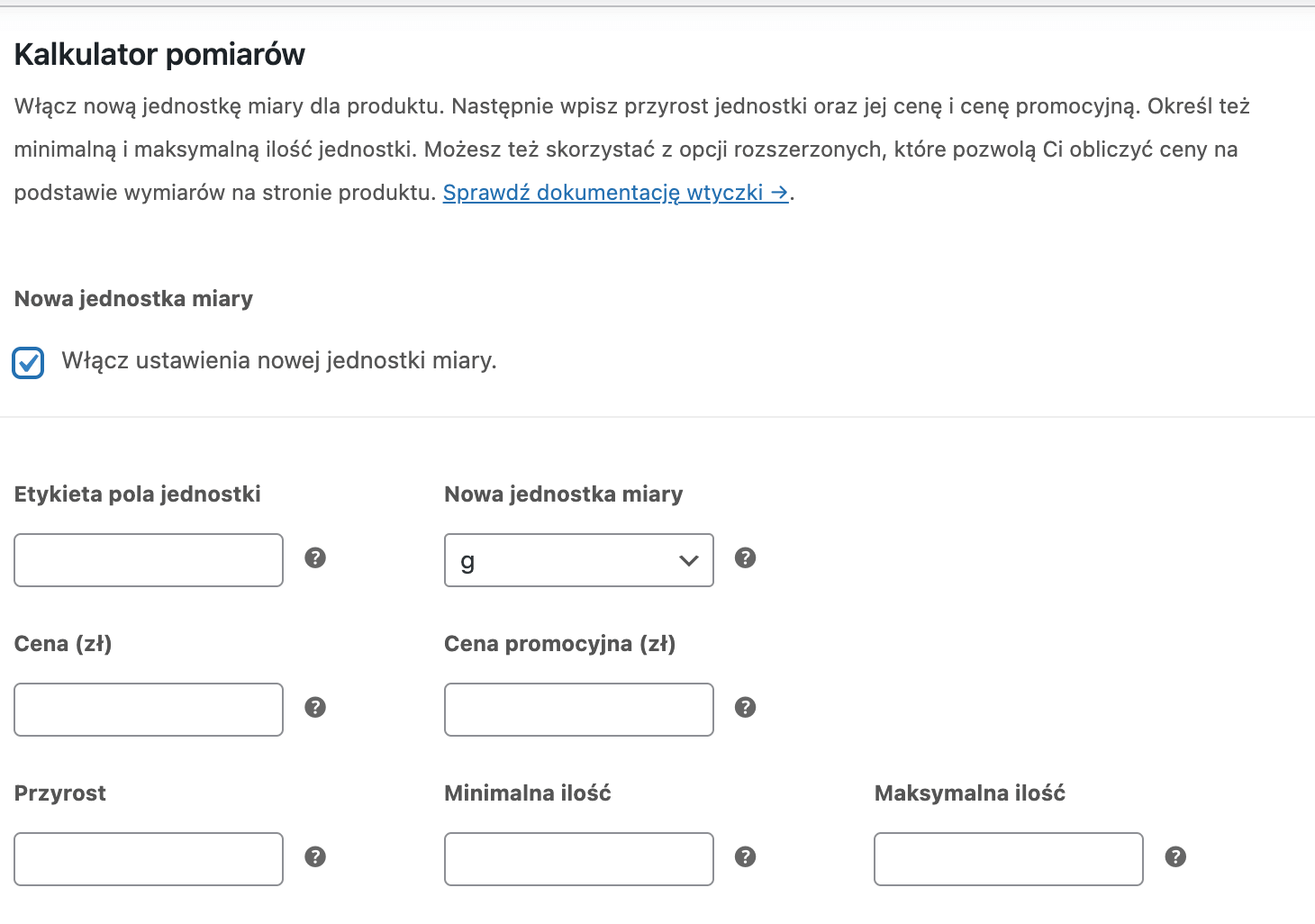 kalkulator miar WooCommerce - ustawienia główne kalkulatora