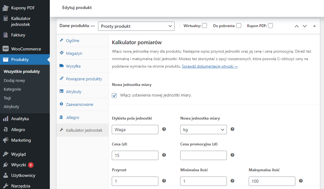 Nowa jednostka miary dla produktu prostego w WooCommerce