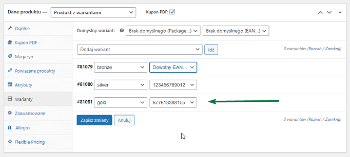 Kupony PDF jako warianty