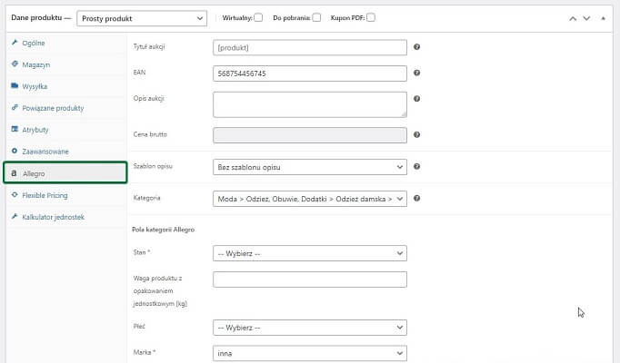 zakładka Allegro w edycji produktu WooCommerce
