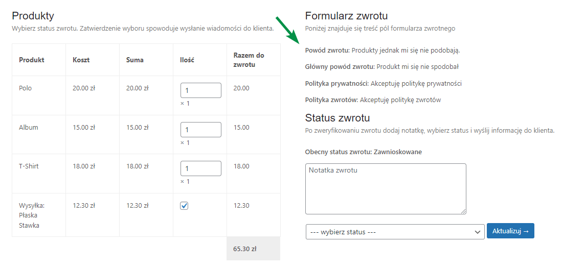 Akceptacja polityki zwrotów i notatki od klienta dla żądania zwrotu