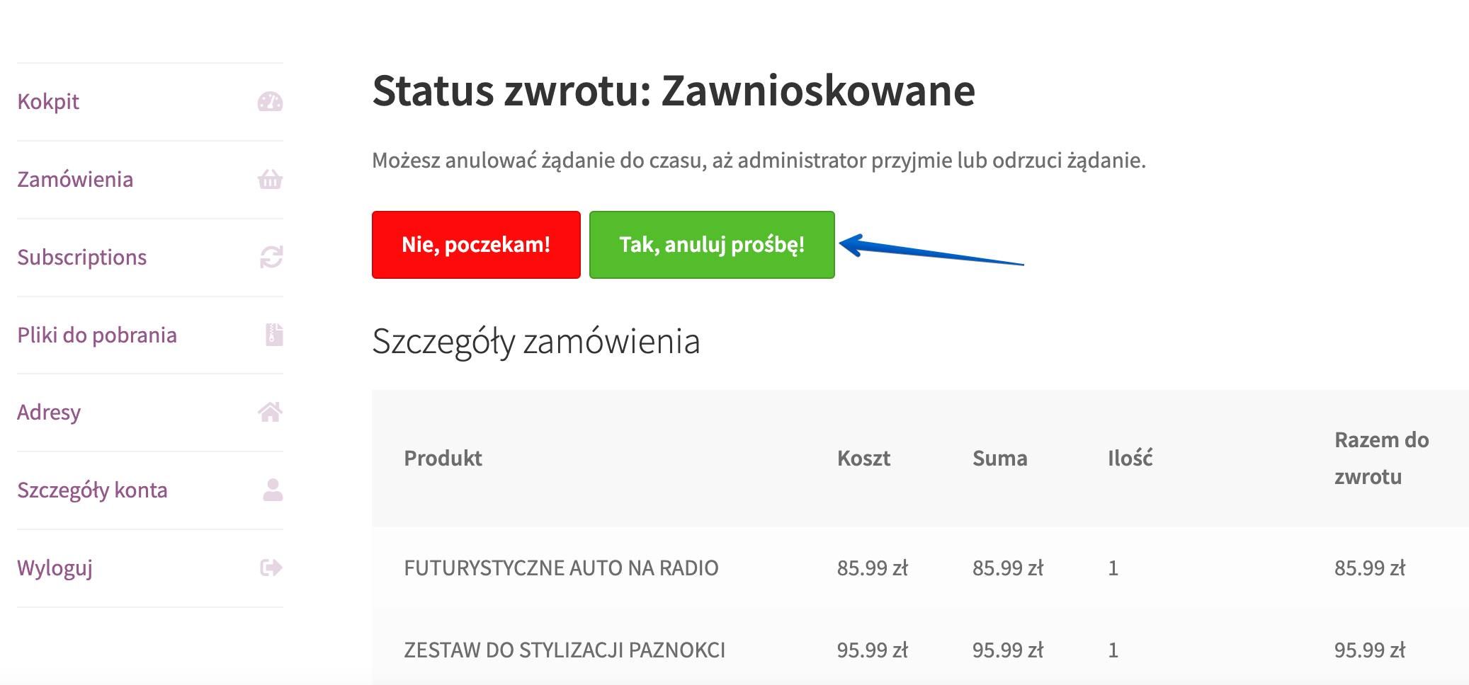 Elastyczne zwroty i reklamacje WooCommerce - anulowanie żądania zwrotu