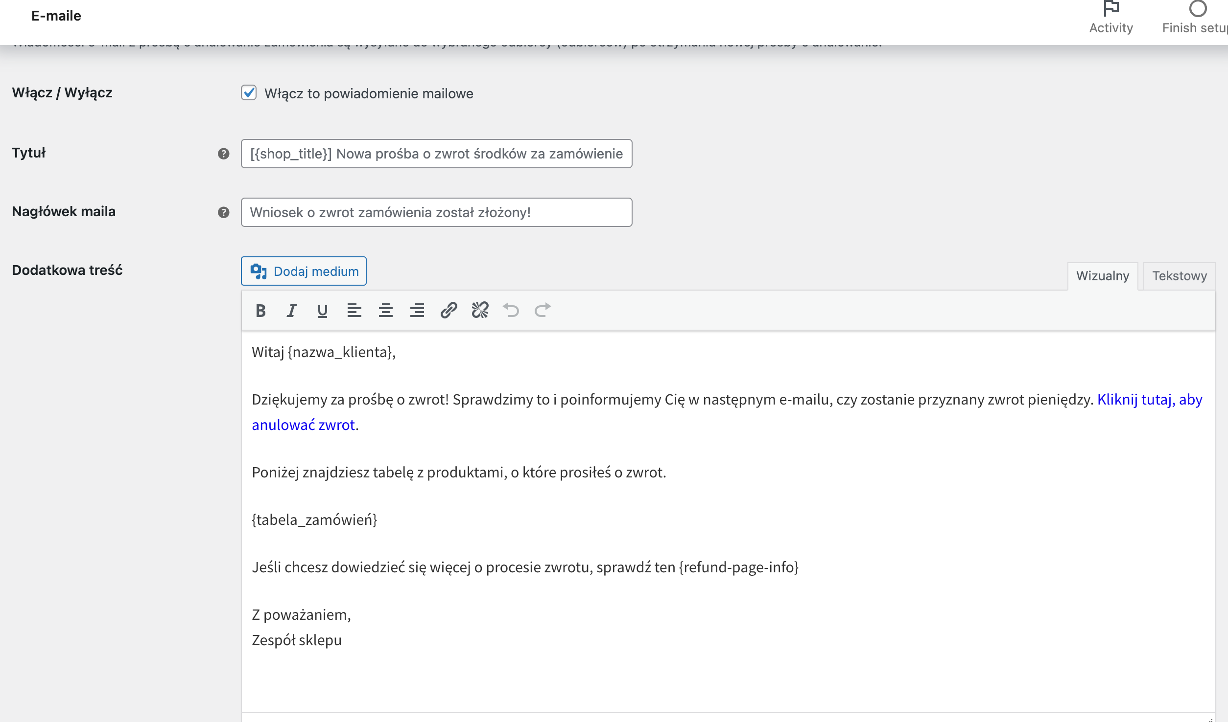 Elastyczne zwroty i reklamacje WooCommerce- edycja wiadomości e-mail 