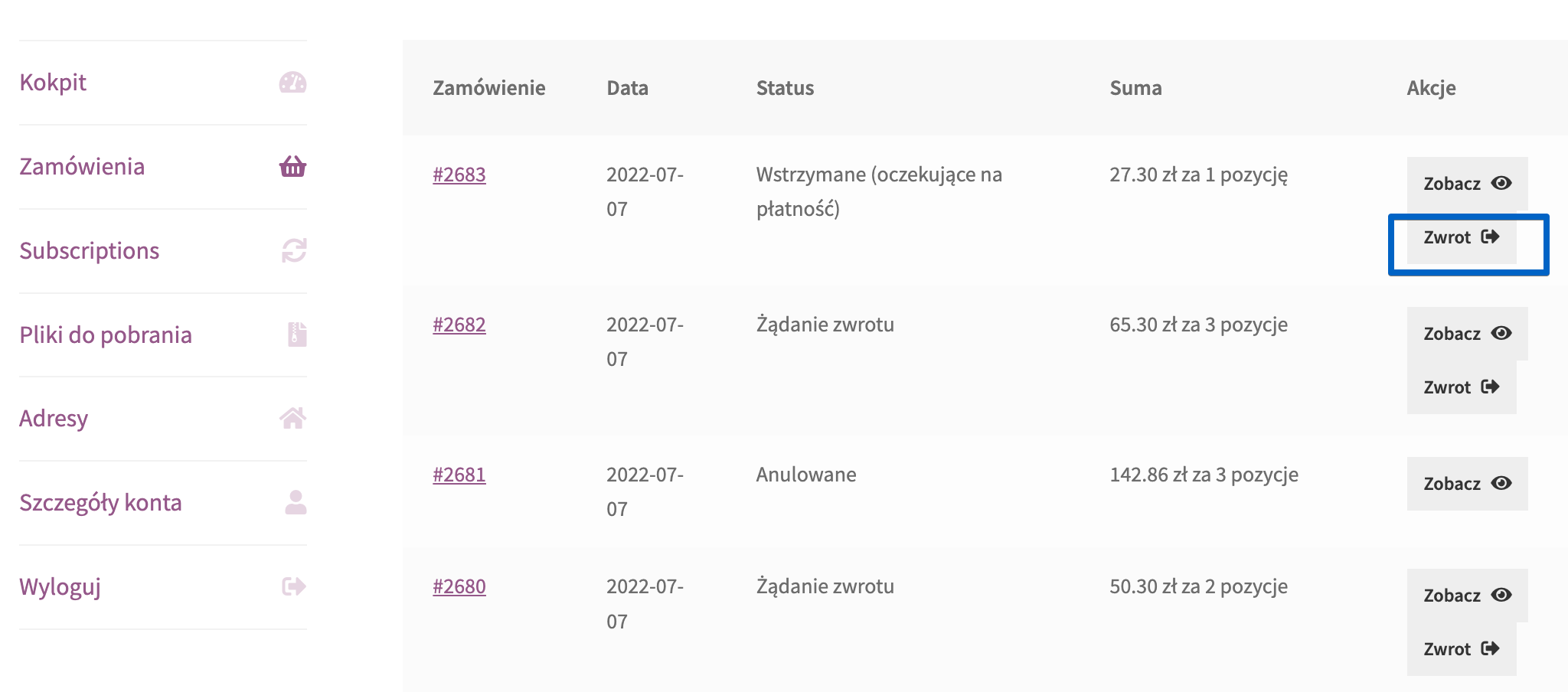 Elastyczne zwroty i reklamacje WooCommerce - przycisk żądania zwrotu