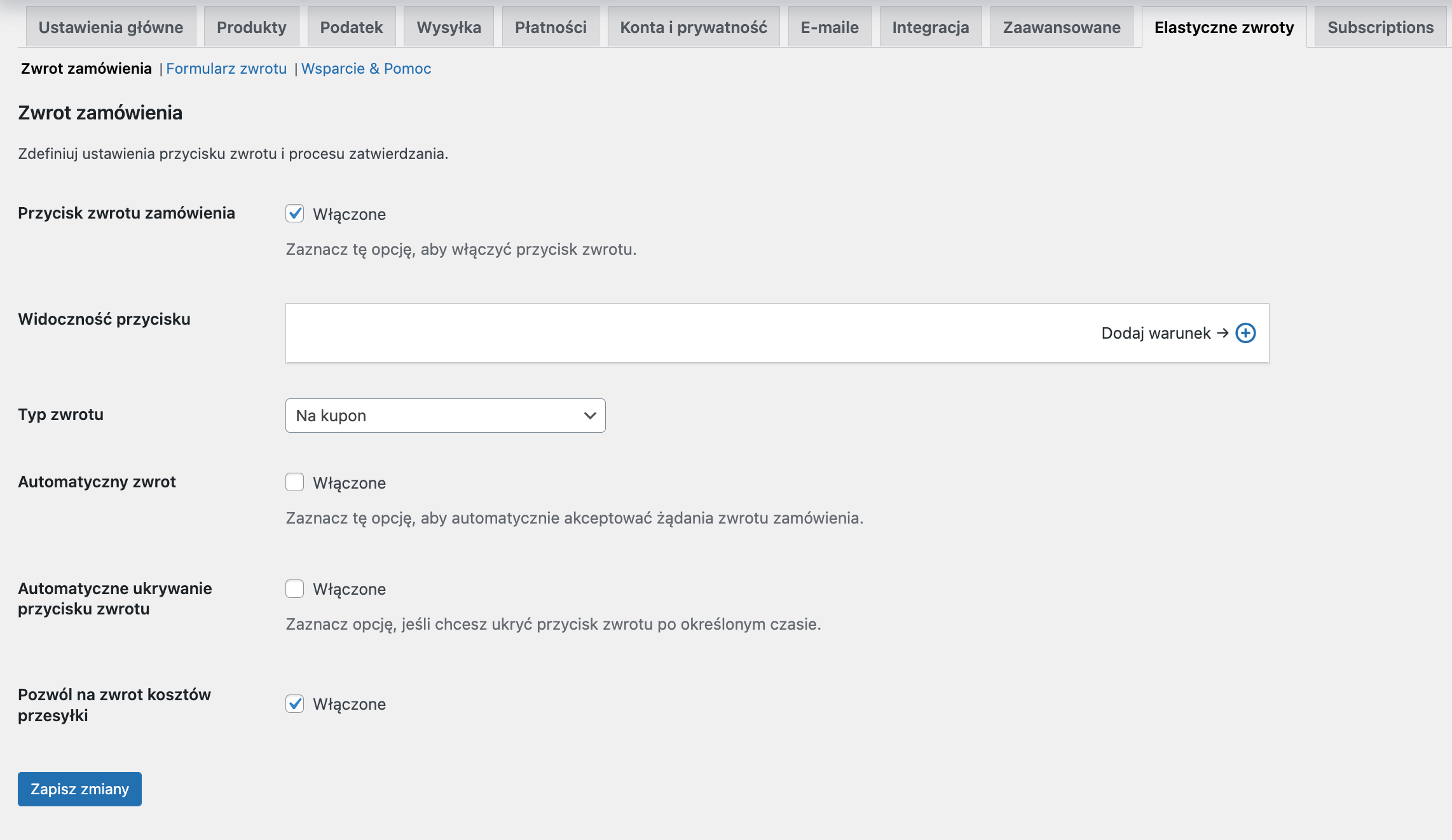 Elastyczne zwroty i reklamacje WooCommerce - ustawienia główne wtyczki