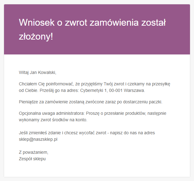 Email dotyczący zwrotu zamówienia ze sklepu WooCommerce