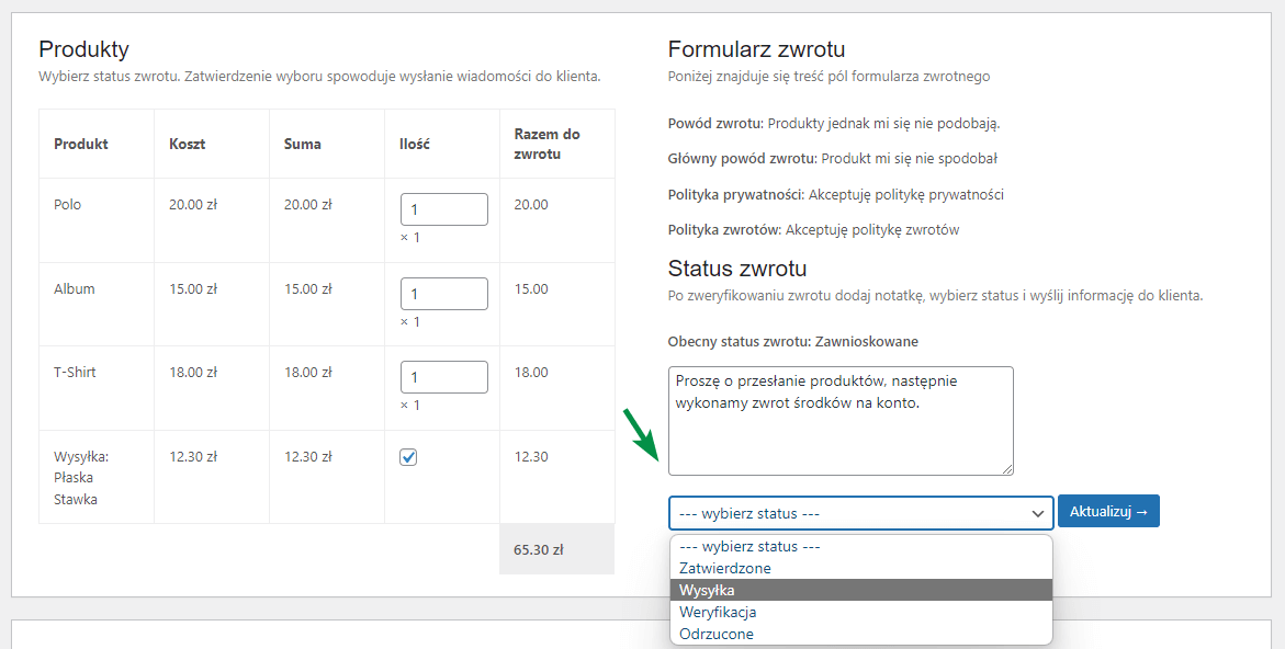 Notatka dla klienta i zmiana statusu żądania zwrotu dla zamówienia WooCommerce
