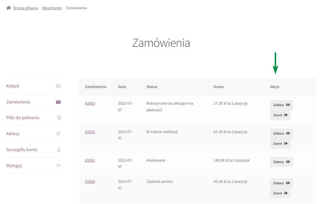 Przyciski zwrotu dla zamówień w menu Zamówienia panelu Moje Konto