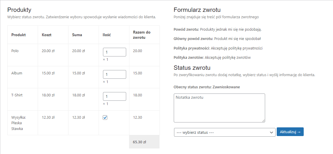 Sekcja dotycząca zwrotu w edycji zamówienia WooCommerce